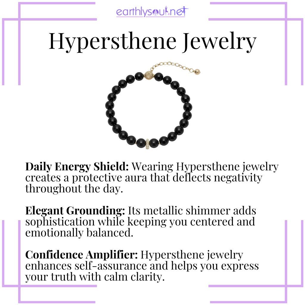 Wearing hypersthene jewelry promotes grounding, emotional balance, and confident self-expression.