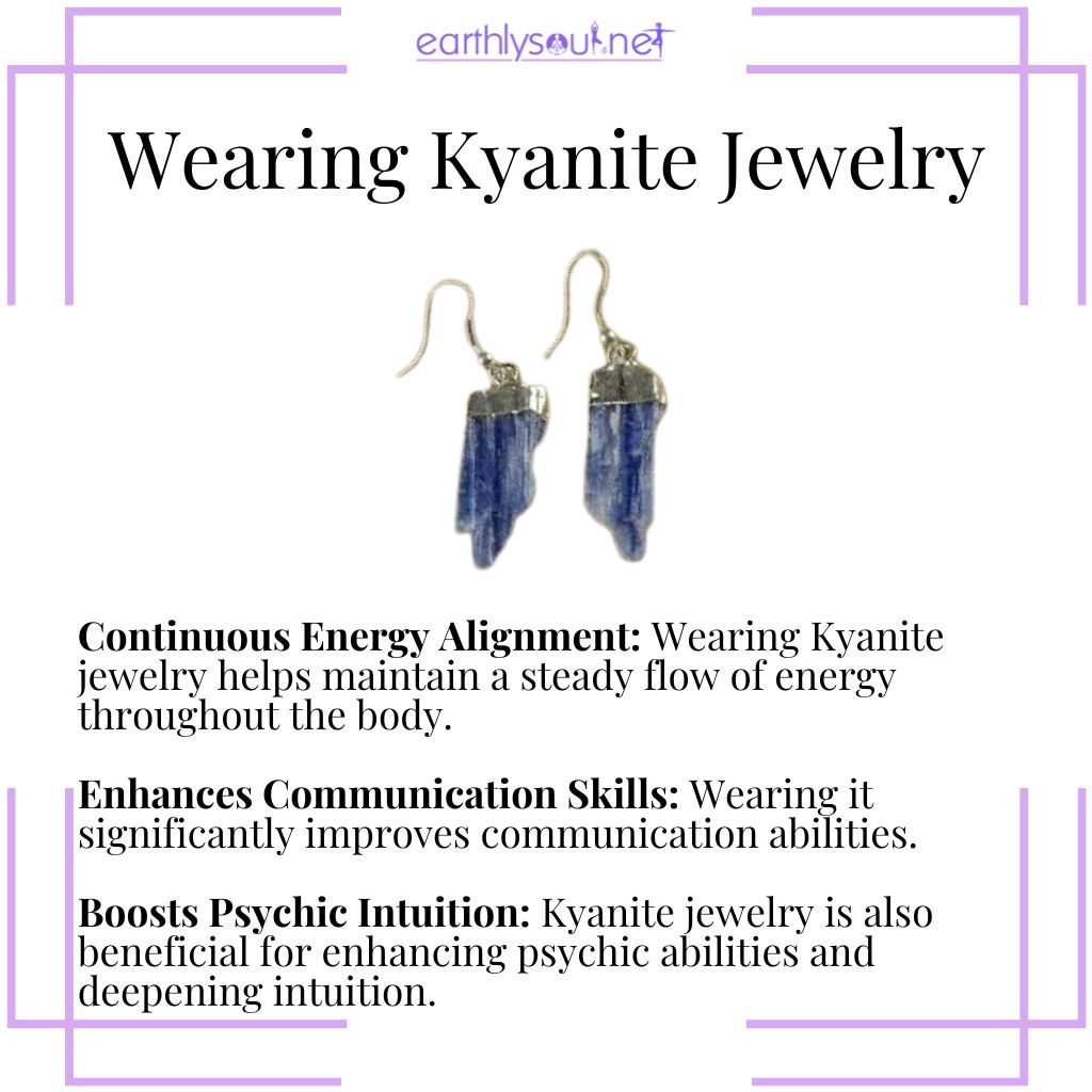 Kyanite jewelry for continuous chakra alignment, enhanced communication skills, and boosted psychic intuition.