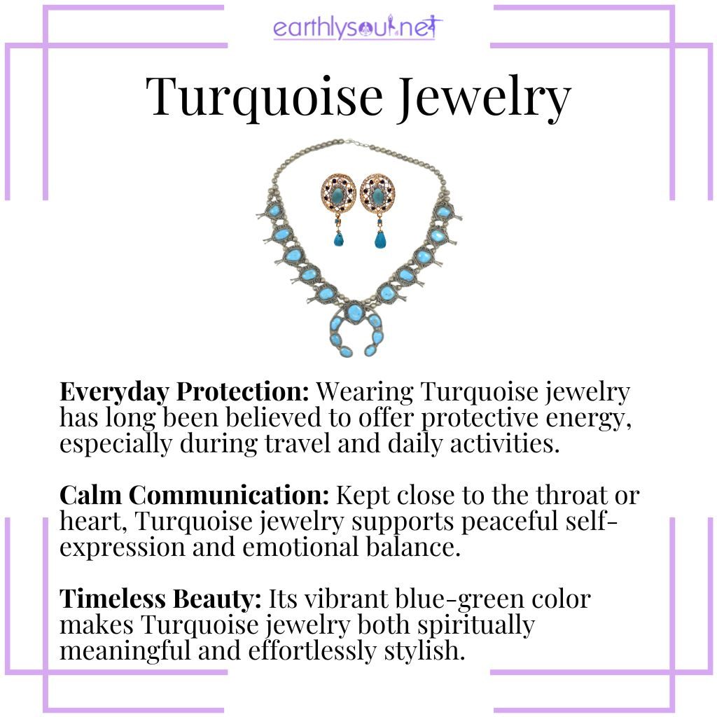 Wearing turquoise jewelry – a timeless crystal accessory that offers protection, calm communication, and emotional balance.
