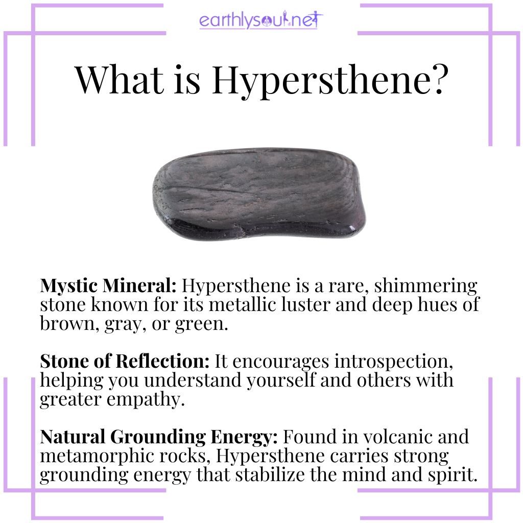 Hypersthene, a rare, reflective crystal known for its grounding energy, metallic sheen, and ability to promote self-awareness and balance.
