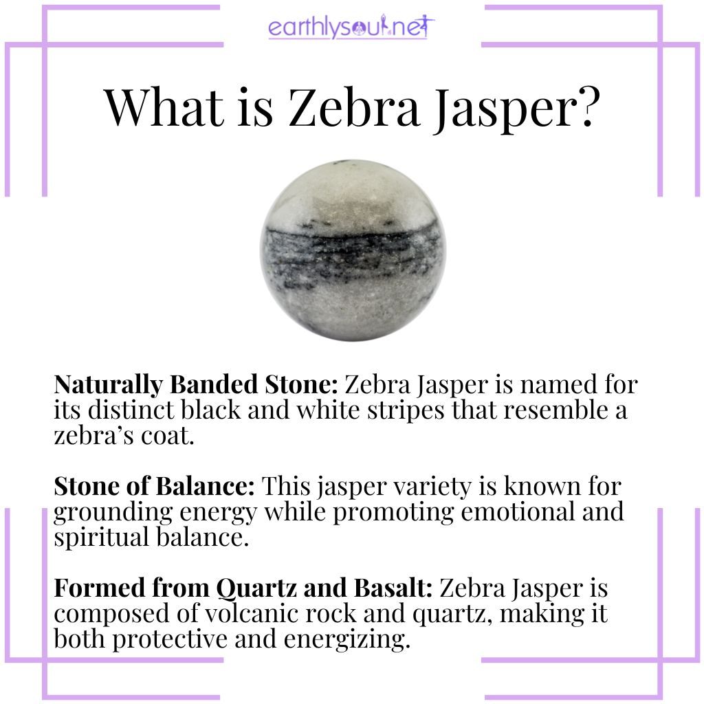 Zebra jasper with black and white bands symbolizing balance, grounding, and harmony.