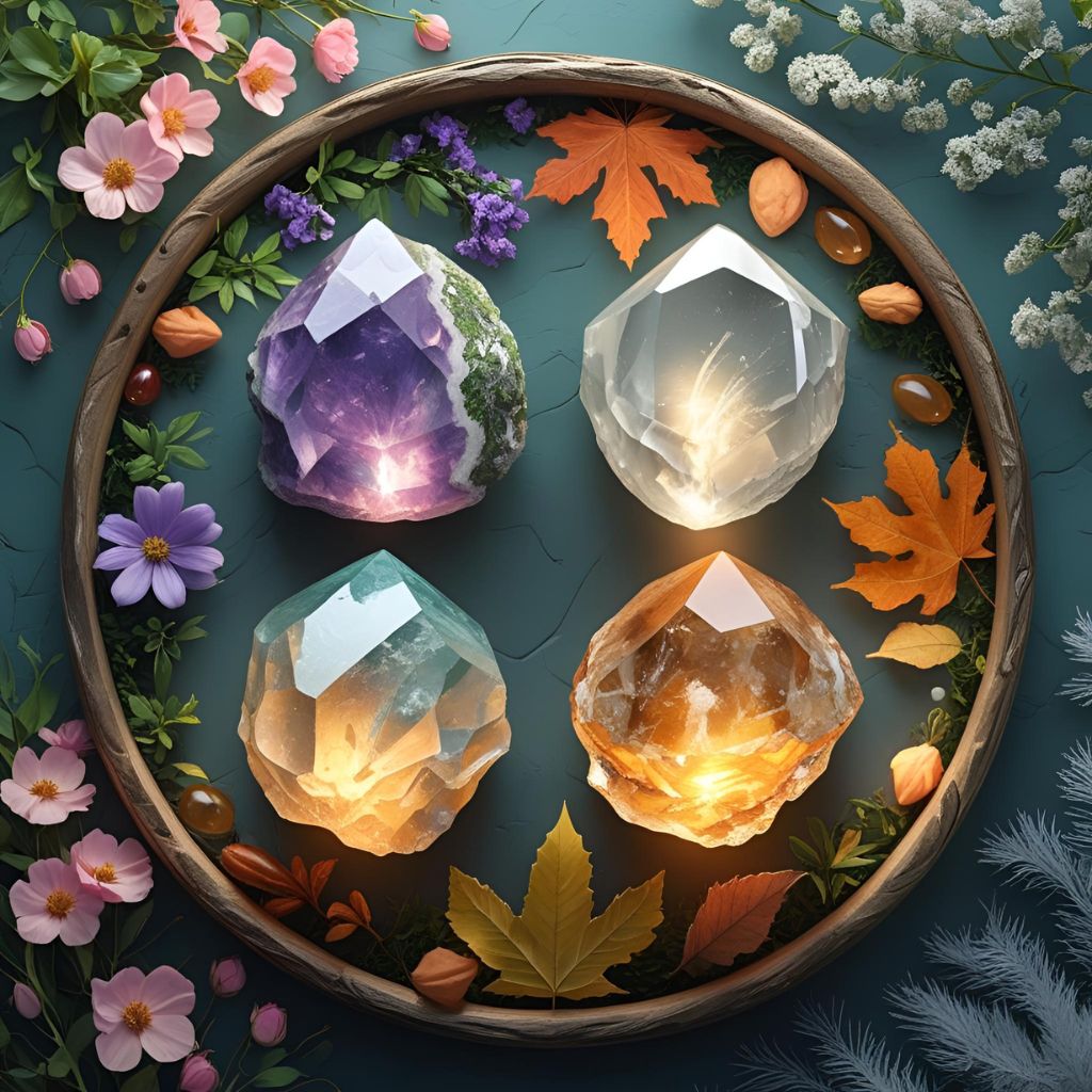 Four glowing crystals placed in a circular seasonal arrangement with flowers and leaves representing spring, summer, fall, and winter.
