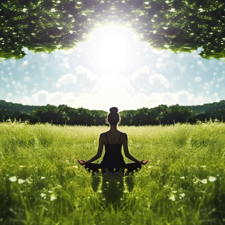 A woman meditating in a green meadow under a tree with the sun shining
